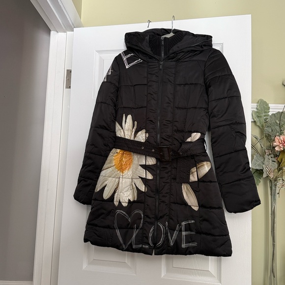 Desigual Black Floral Puffer Jacket Sz 38 - Picture 2 of 11